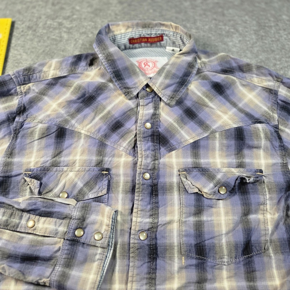 Christian Audigier Shirt Mens Large Blue Plaid Western Snap Button Pockets